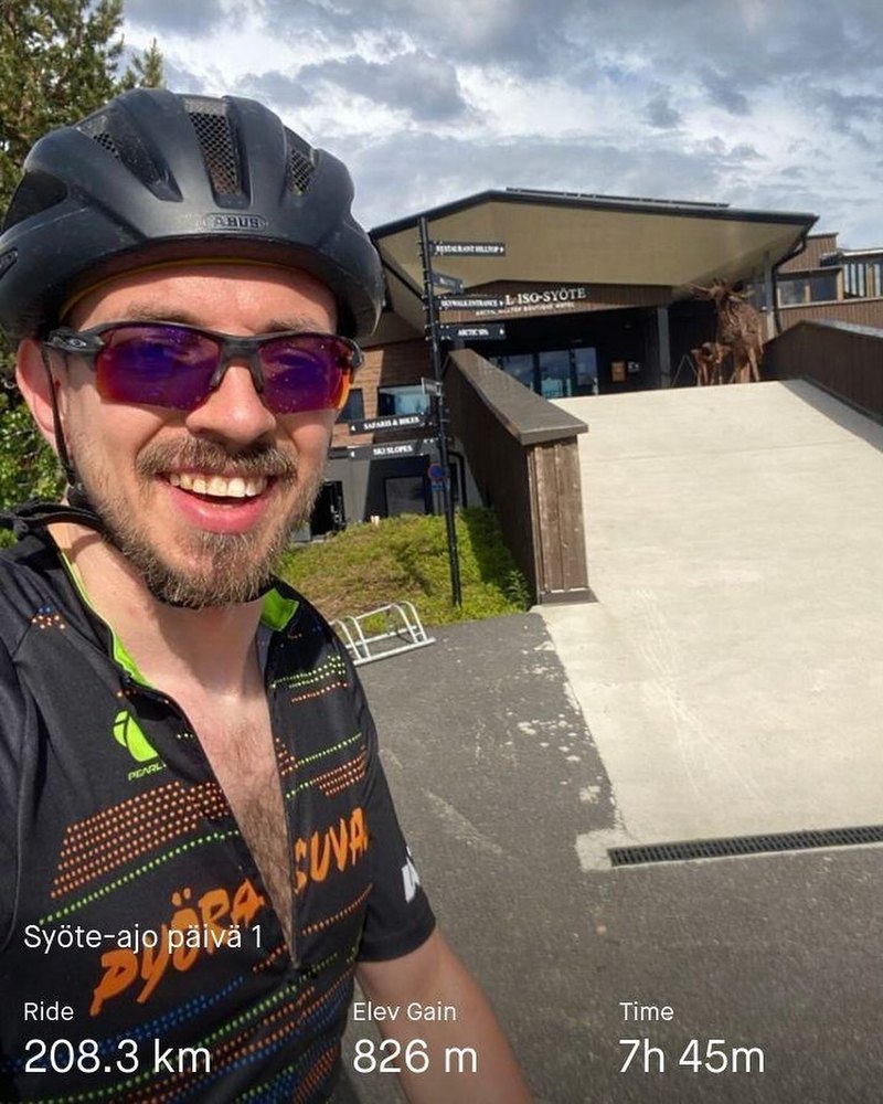 Cycling at Iso-Syöte after a 208 km ride.
