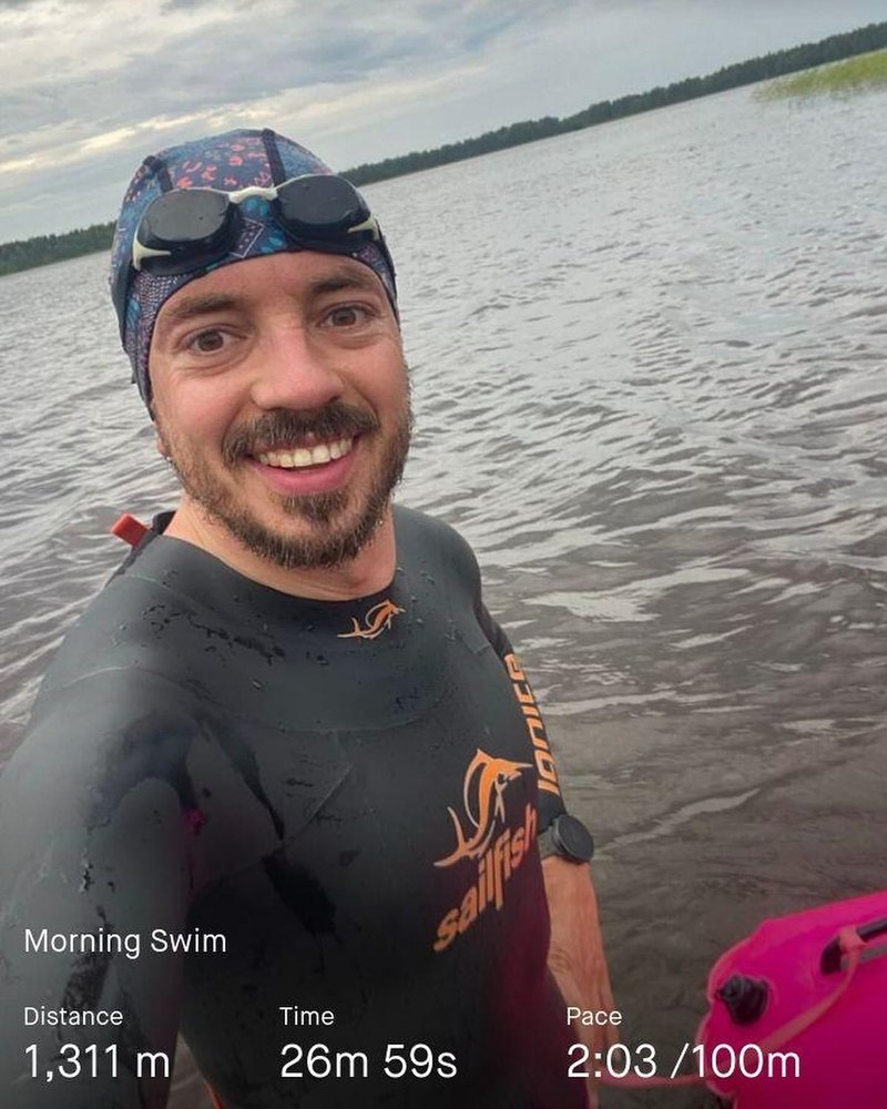 Morning swim training in a Finnish lake, sailfish wetsuit.